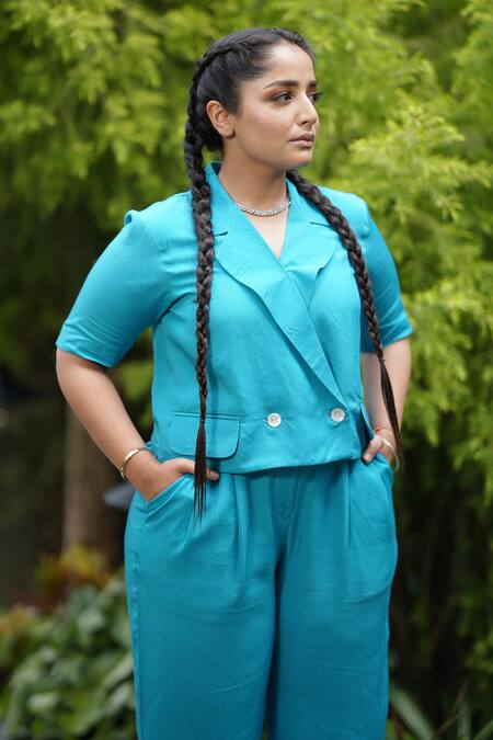 Buy_Leela By A_Blue Tencel Collared Solid Shacket With Pant _Online_at_Aza_Fashions