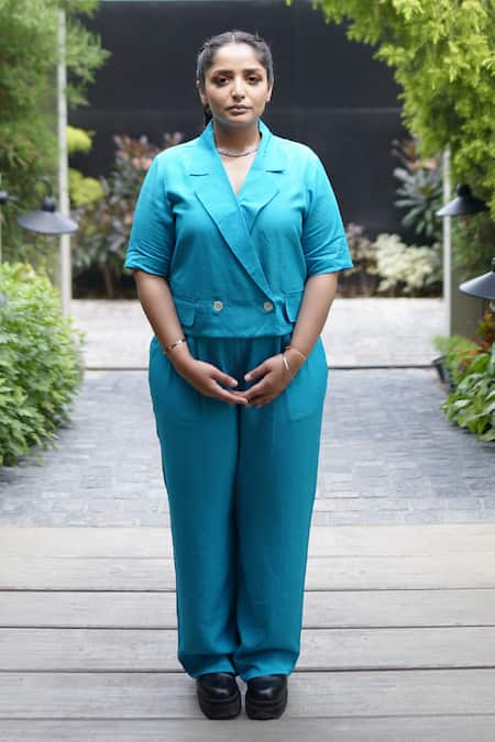 Leela By A_Blue Tencel Collared Solid Shacket With Pant _at_Aza_Fashions