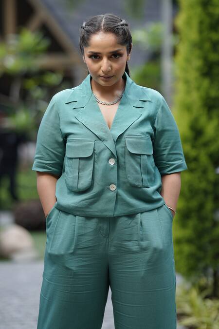Buy_Leela By A_Green Tencel Bandeau Neck Flap Pocket Shacket With Pant _Online_at_Aza_Fashions