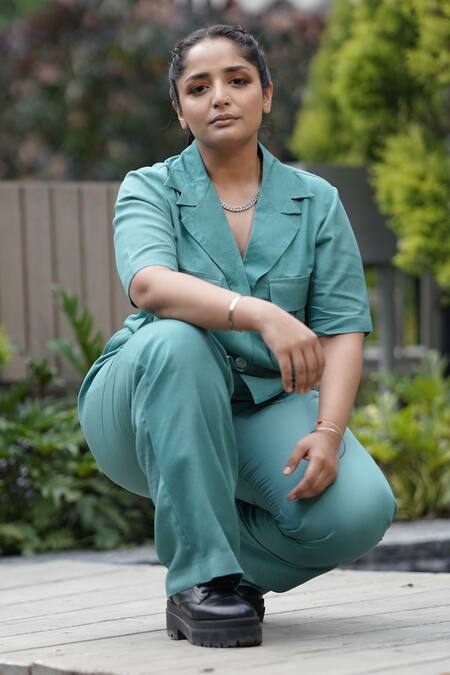 Leela By A_Green Tencel Bandeau Neck Flap Pocket Shacket With Pant _at_Aza_Fashions