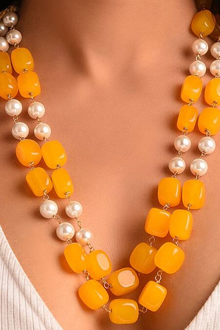 Kastiya Jewels_Yellow Bead And Pearl Handcrafted Necklace_Online_at_Aza_Fashions