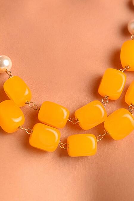 Buy_Kastiya Jewels_Yellow Bead And Pearl Handcrafted Necklace_Online_at_Aza_Fashions