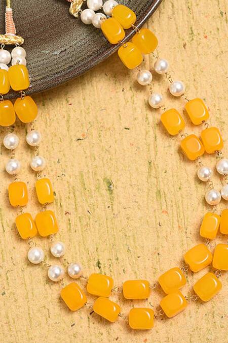 Shop_Kastiya Jewels_Yellow Bead And Pearl Handcrafted Necklace_Online_at_Aza_Fashions