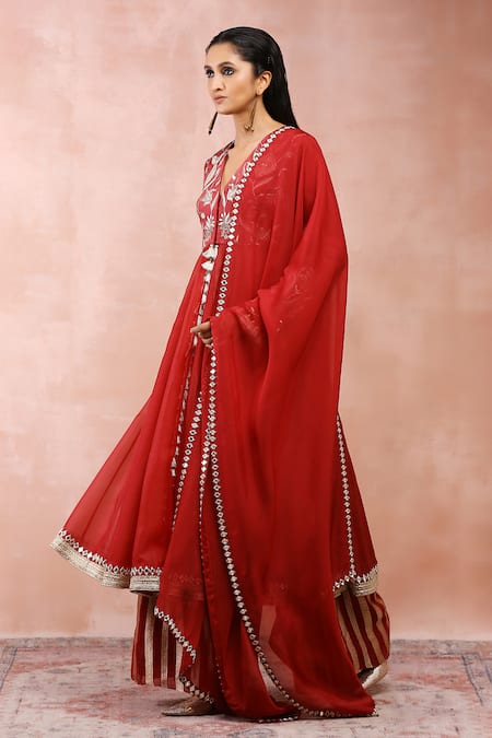 Shop_Payal Singhal_Maroon Organza, Satin, Brocade, Georgette Embroidered Anarkali Palazzo Set _Online_at_Aza_Fashions