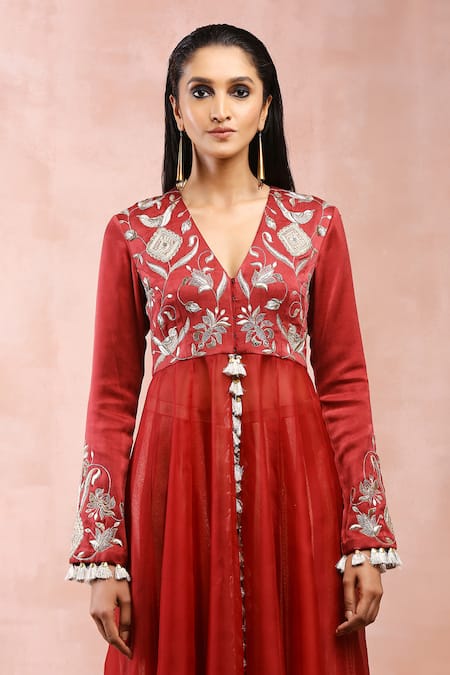 Payal Singhal_Maroon Organza, Satin, Brocade, Georgette Embroidered Anarkali Palazzo Set _at_Aza_Fashions