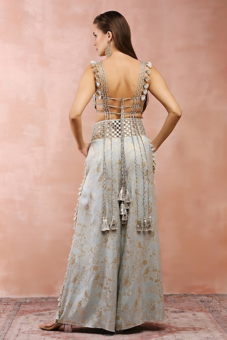 Payal Singhal_Blue Satin Embroidery Mirror Leaf Neck Choli And Palazzo Set _Online_at_Aza_Fashions