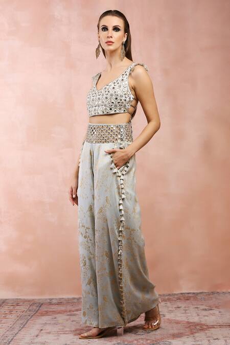 Buy_Payal Singhal_Blue Satin Embroidery Mirror Leaf Neck Choli And Palazzo Set _Online_at_Aza_Fashions