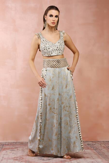 Shop_Payal Singhal_Blue Satin Embroidery Mirror Leaf Neck Choli And Palazzo Set _Online_at_Aza_Fashions