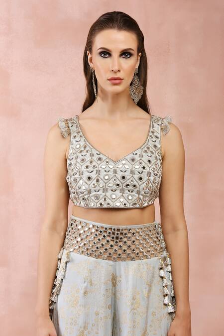 Payal Singhal_Blue Satin Embroidery Mirror Leaf Neck Choli And Palazzo Set _at_Aza_Fashions