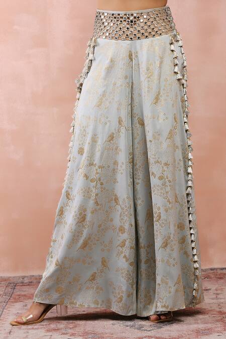 Buy_Payal Singhal_Blue Satin Embroidery Mirror Leaf Neck Choli And Palazzo Set 
