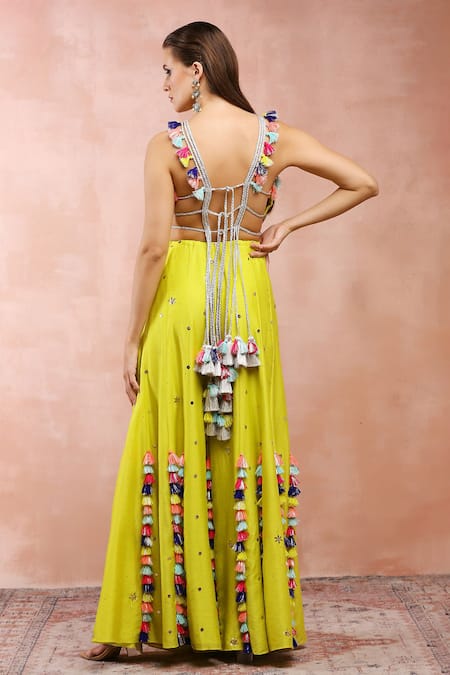 Payal Singhal_Green Georgette Tassels Halter Neck Thread Embroidered Choli And Sharara Set _Online_at_Aza_Fashions