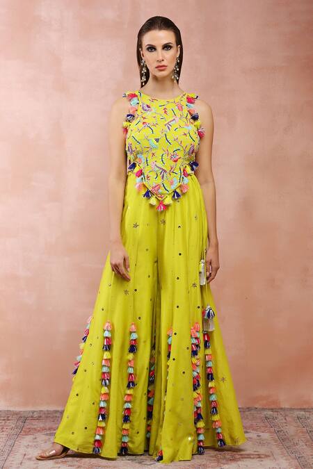 Buy_Payal Singhal_Green Georgette Tassels Halter Neck Thread Embroidered Choli And Sharara Set _Online_at_Aza_Fashions