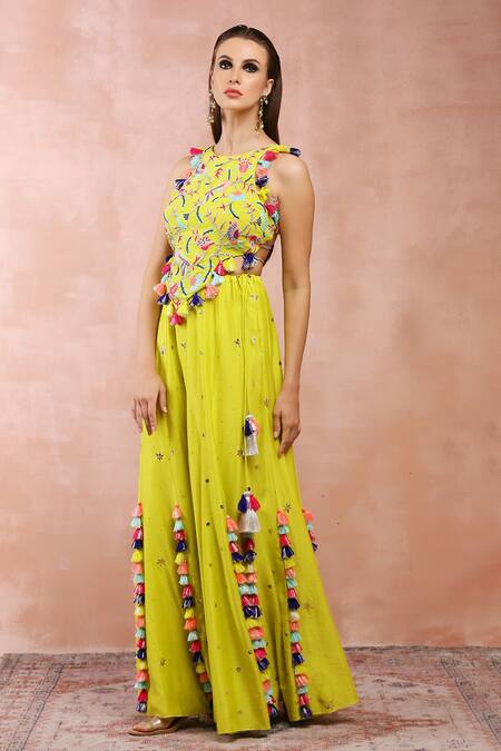 Shop_Payal Singhal_Green Georgette Tassels Halter Neck Thread Embroidered Choli And Sharara Set _Online_at_Aza_Fashions