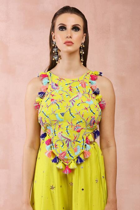 Payal Singhal_Green Georgette Tassels Halter Neck Thread Embroidered Choli And Sharara Set _at_Aza_Fashions