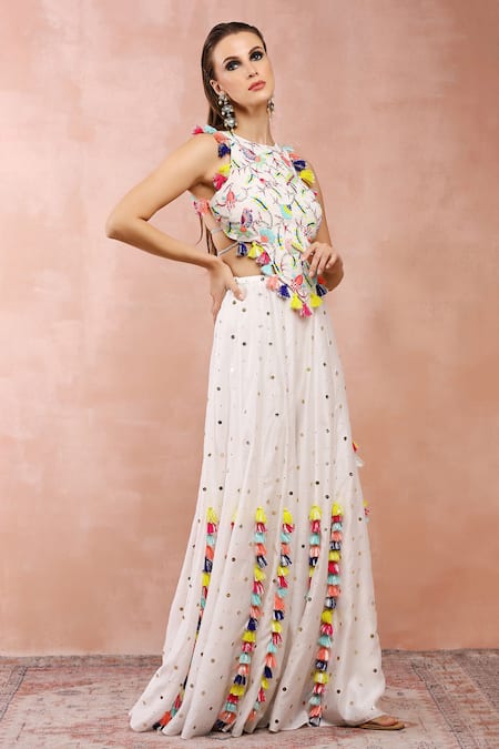 Buy_Payal Singhal_Off White Georgette Embroidery Thread Halter Bird Pattern Choli And Sharara Set _Online_at_Aza_Fashions