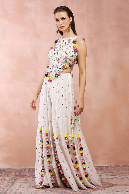 Shop_Payal Singhal_Off White Georgette Embroidery Thread Halter Bird Pattern Choli And Sharara Set _Online_at_Aza_Fashions