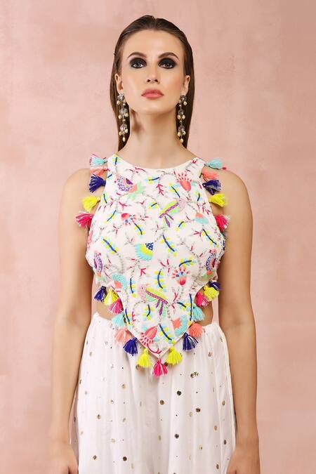Payal Singhal_Off White Georgette Embroidery Thread Halter Bird Pattern Choli And Sharara Set _at_Aza_Fashions