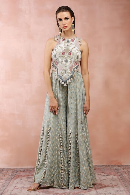 Payal Singhal Blue Georgette Embroidery Thread Halter Applique Choli And Sharara Set 