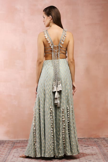 Payal Singhal_Blue Georgette Embroidery Thread Halter Neck Applique Choli And Sharara Set _Online_at_Aza_Fashions