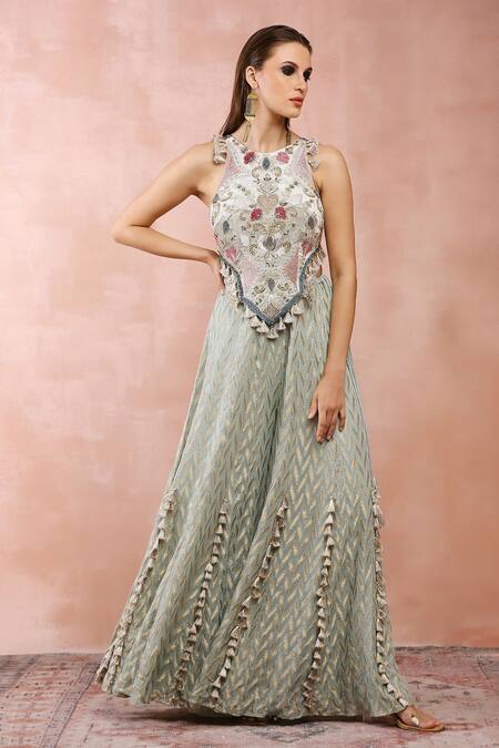 Buy_Payal Singhal_Blue Georgette Embroidery Thread Halter Neck Applique Choli And Sharara Set _Online_at_Aza_Fashions