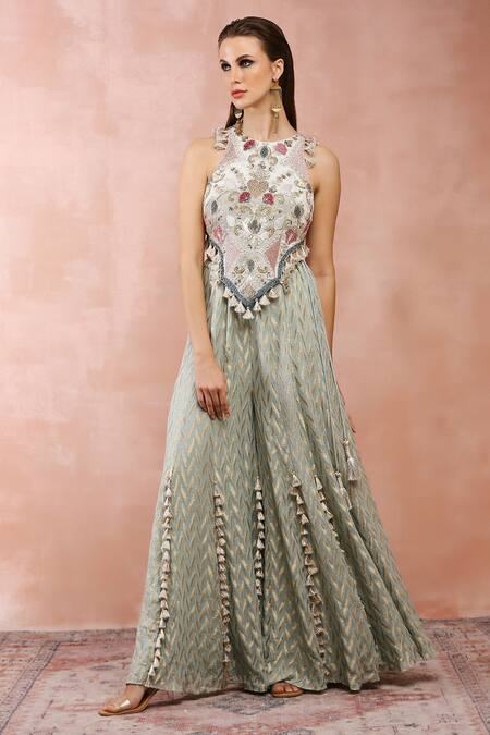 Shop_Payal Singhal_Blue Georgette Embroidery Thread Halter Neck Applique Choli And Sharara Set _Online_at_Aza_Fashions