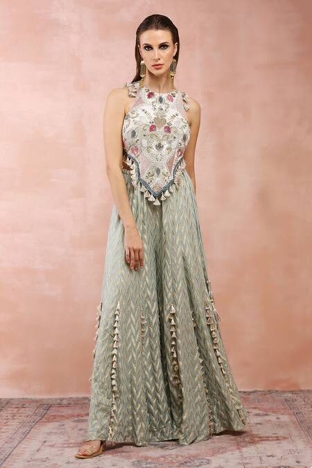 Payal Singhal_Blue Georgette Embroidery Thread Halter Neck Applique Choli And Sharara Set _at_Aza_Fashions