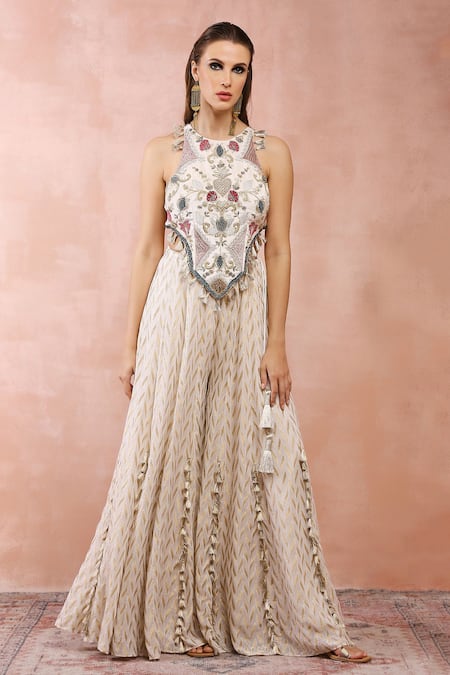 Buy_Payal Singhal_Off White Georgette Embroidery Thread Flower Applique Choli And Sharara Set _Online_at_Aza_Fashions