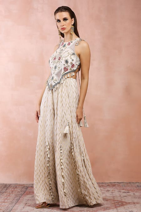Shop_Payal Singhal_Off White Georgette Embroidery Thread Flower Applique Choli And Sharara Set _Online_at_Aza_Fashions
