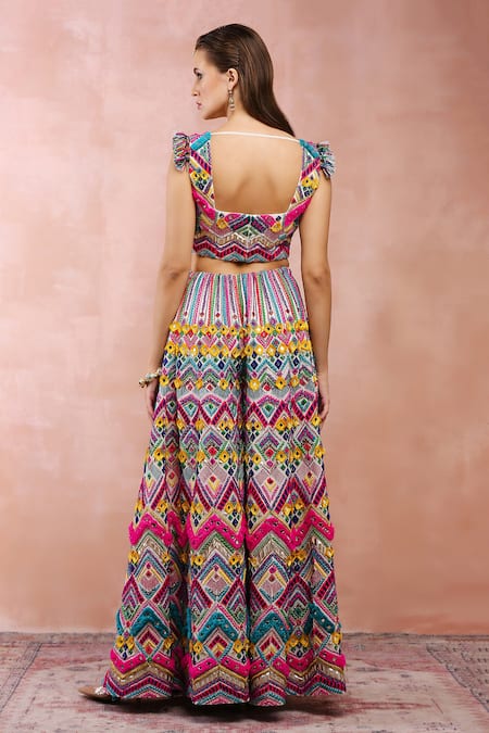 Payal Singhal_Multi Color Georgette Tassels, Embroidery Chevron Pattern Choli And Sharara Set _Online_at_Aza_Fashions