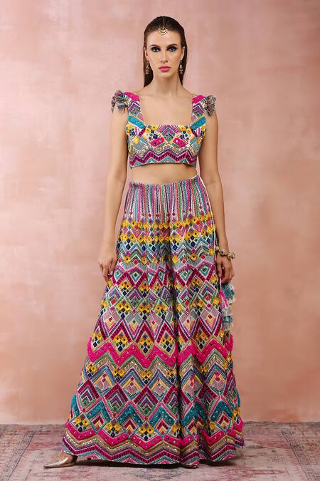 Buy_Payal Singhal_Multi Color Georgette Tassels, Embroidery Chevron Pattern Choli And Sharara Set _Online_at_Aza_Fashions