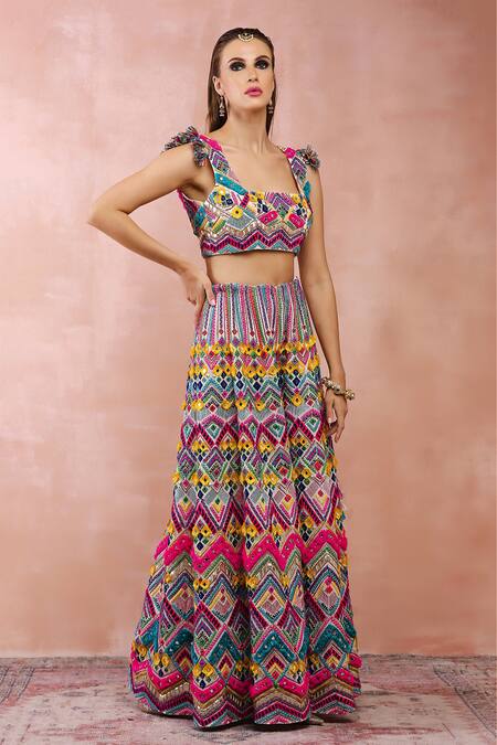 Shop_Payal Singhal_Multi Color Georgette Tassels, Embroidery Chevron Pattern Choli And Sharara Set _Online_at_Aza_Fashions