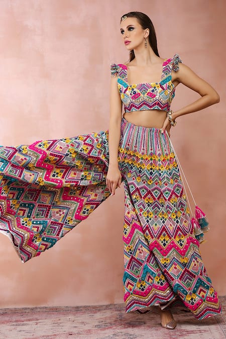 Payal Singhal_Multi Color Georgette Tassels, Embroidery Chevron Pattern Choli And Sharara Set _at_Aza_Fashions