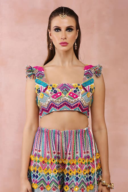 Buy_Payal Singhal_Multi Color Georgette Tassels, Embroidery Chevron Pattern Choli And Sharara Set 