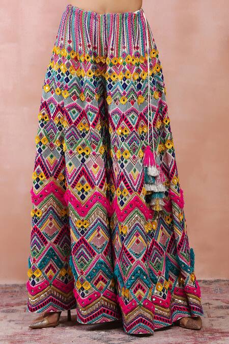 Shop_Payal Singhal_Multi Color Georgette Tassels, Embroidery Chevron Pattern Choli And Sharara Set 