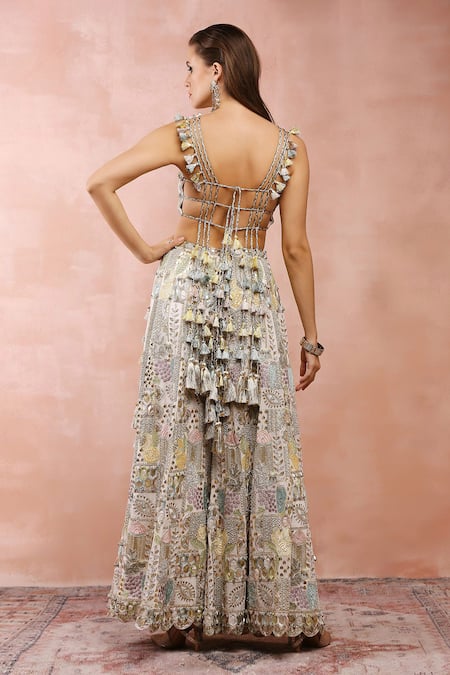 Payal Singhal Off White Georgette Embroidery Zari Leaf Neck Choli Sharara Set Online at Aza Fashions Payal Singhal_Off White Georgette Embroidery Zari Leaf Neck Choli Sharara Set _Online_at_Aza_Fashions