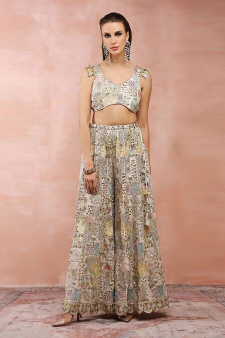 Buy Payal Singhal Off White Georgette Embroidery Zari Leaf Neck Choli Sharara Set Online at Aza Fashions Buy_Payal Singhal_Off White Georgette Embroidery Zari Leaf Neck Choli Sharara Set _Online_at_Aza_Fashions