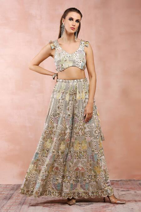 Shop Payal Singhal Off White Georgette Embroidery Zari Leaf Neck Choli Sharara Set Online at Aza Fashions Shop_Payal Singhal_Off White Georgette Embroidery Zari Leaf Neck Choli Sharara Set _Online_at_Aza_Fashions