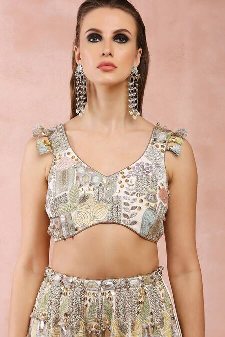 Payal Singhal Off White Georgette Embroidery Zari Leaf Neck Choli Sharara Set at Aza Fashions Payal Singhal_Off White Georgette Embroidery Zari Leaf Neck Choli Sharara Set _at_Aza_Fashions