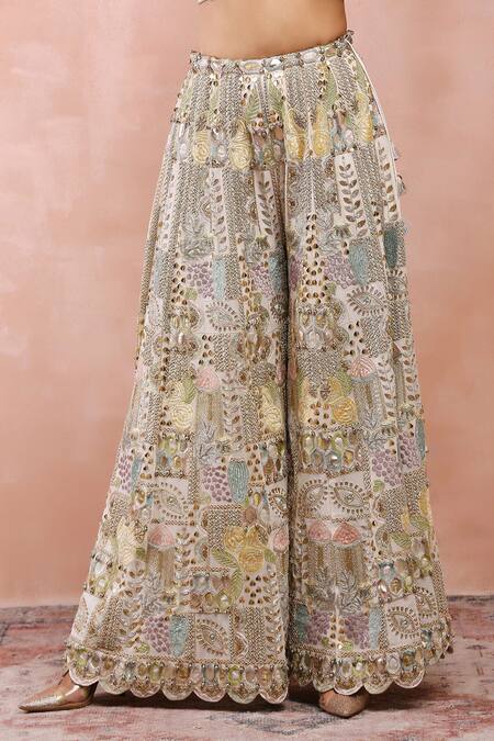 Buy Payal Singhal Off White Georgette Embroidery Zari Leaf Neck Choli Sharara Set Buy_Payal Singhal_Off White Georgette Embroidery Zari Leaf Neck Choli Sharara Set