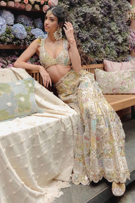 Buy_Payal Singhal_Off White Georgette Embroidery Zari Leaf Neck Choli And Sharara Set _Online_at_Aza_Fashions