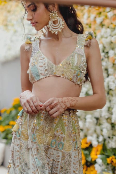 Shop_Payal Singhal_Off White Georgette Embroidery Zari Leaf Neck Choli And Sharara Set _Online_at_Aza_Fashions