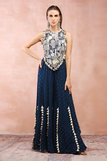 Payal Singhal Blue Georgette Embroidery Zari Floral Applique Choli And Sharara Set 