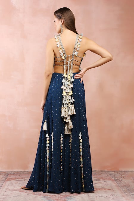 Payal Singhal Blue Georgette Embroidery Zari Halter Neck Floral Applique Choli And Sharara Set Online at Aza Fashions Payal Singhal_Blue Georgette Embroidery Zari Halter Neck Floral Applique Choli And Sharara Set _Online_at_Aza_Fashions