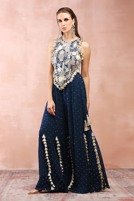 Buy Payal Singhal Blue Georgette Embroidery Zari Halter Neck Floral Applique Choli And Sharara Set Online at Aza Fashions Buy_Payal Singhal_Blue Georgette Embroidery Zari Halter Neck Floral Applique Choli And Sharara Set _Online_at_Aza_Fashions