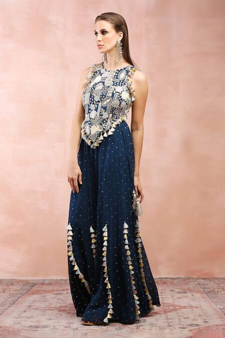 Shop Payal Singhal Blue Georgette Embroidery Zari Halter Neck Floral Applique Choli And Sharara Set Online at Aza Fashions Shop_Payal Singhal_Blue Georgette Embroidery Zari Halter Neck Floral Applique Choli And Sharara Set _Online_at_Aza_Fashions