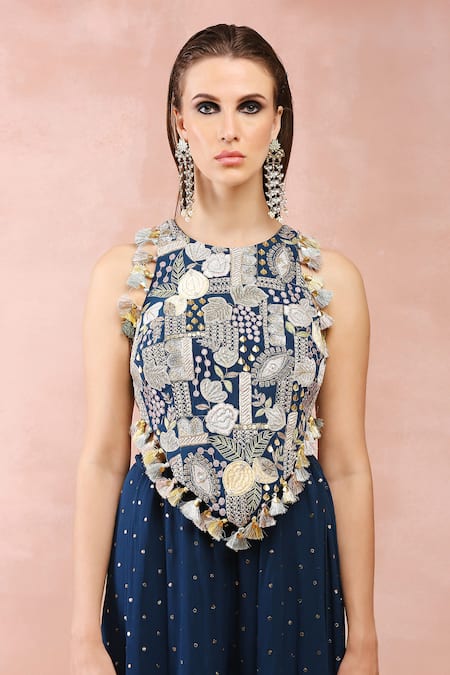 Payal Singhal Blue Georgette Embroidery Zari Halter Neck Floral Applique Choli And Sharara Set at Aza Fashions Payal Singhal_Blue Georgette Embroidery Zari Halter Neck Floral Applique Choli And Sharara Set _at_Aza_Fashions