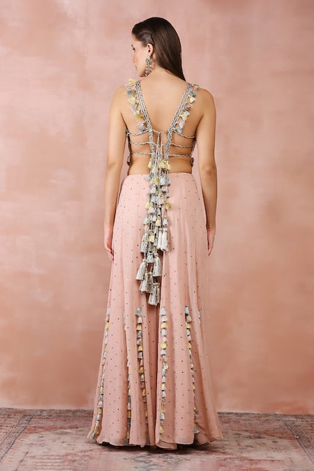 Payal Singhal_Pink Georgette, Muslin Embroidery, Sequins Floral Zari Choli And Sharara Set _Online_at_Aza_Fashions