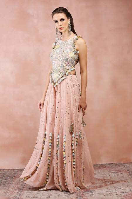 Buy_Payal Singhal_Pink Georgette, Muslin Embroidery, Sequins Floral Zari Choli And Sharara Set _Online_at_Aza_Fashions
