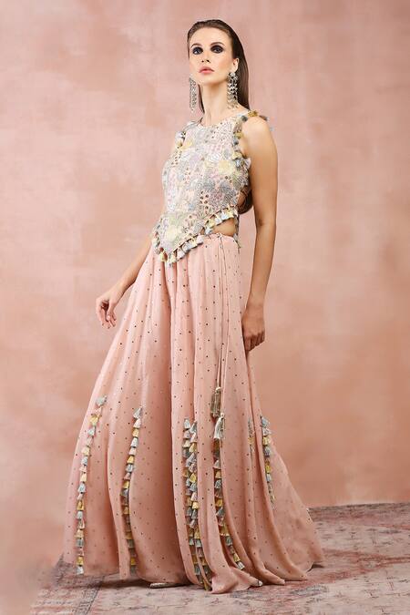 Payal Singhal_Pink Georgette, Muslin Embroidery, Sequins Floral Zari Choli And Sharara Set _at_Aza_Fashions