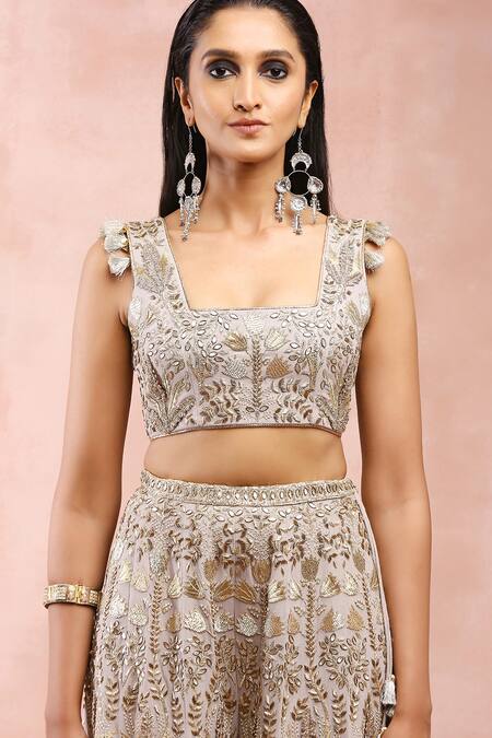 Payal Singhal_Gray Georgette, Muslin Tassels, Zari Zardozi Embroidered Choli And Sharara Set _at_Aza_Fashions